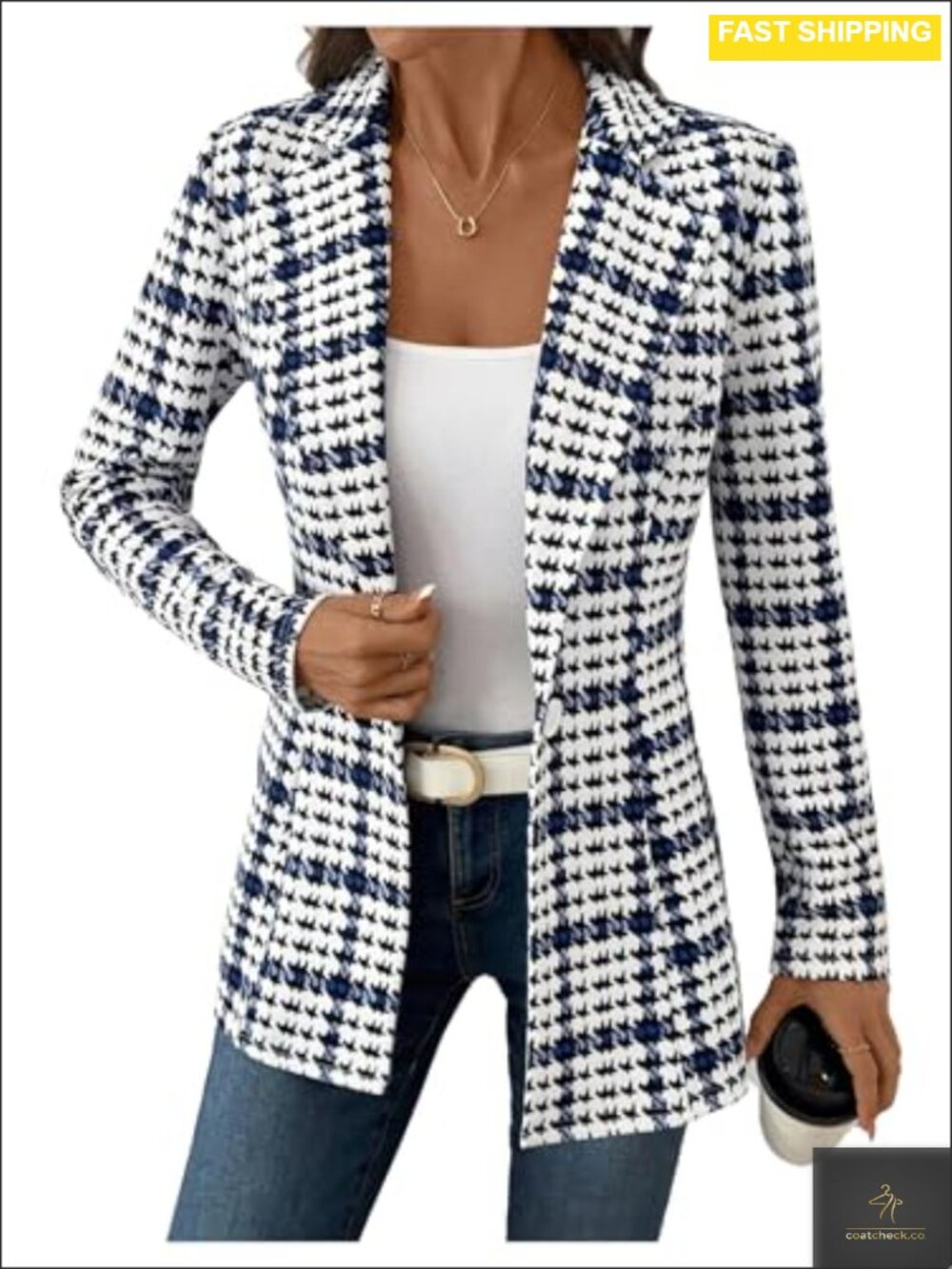 Women's Houndstooth Blazer Button Front Lapel Collar Business Suit